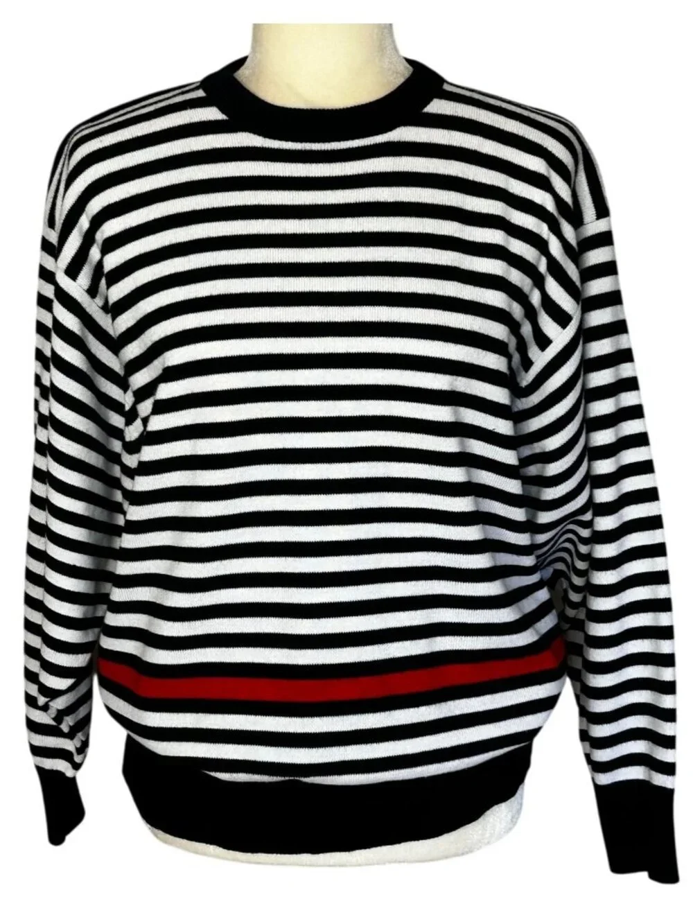Vintage 80s Dolman Sleeve Sweater Black White Stripe Oversized Large Acrylic